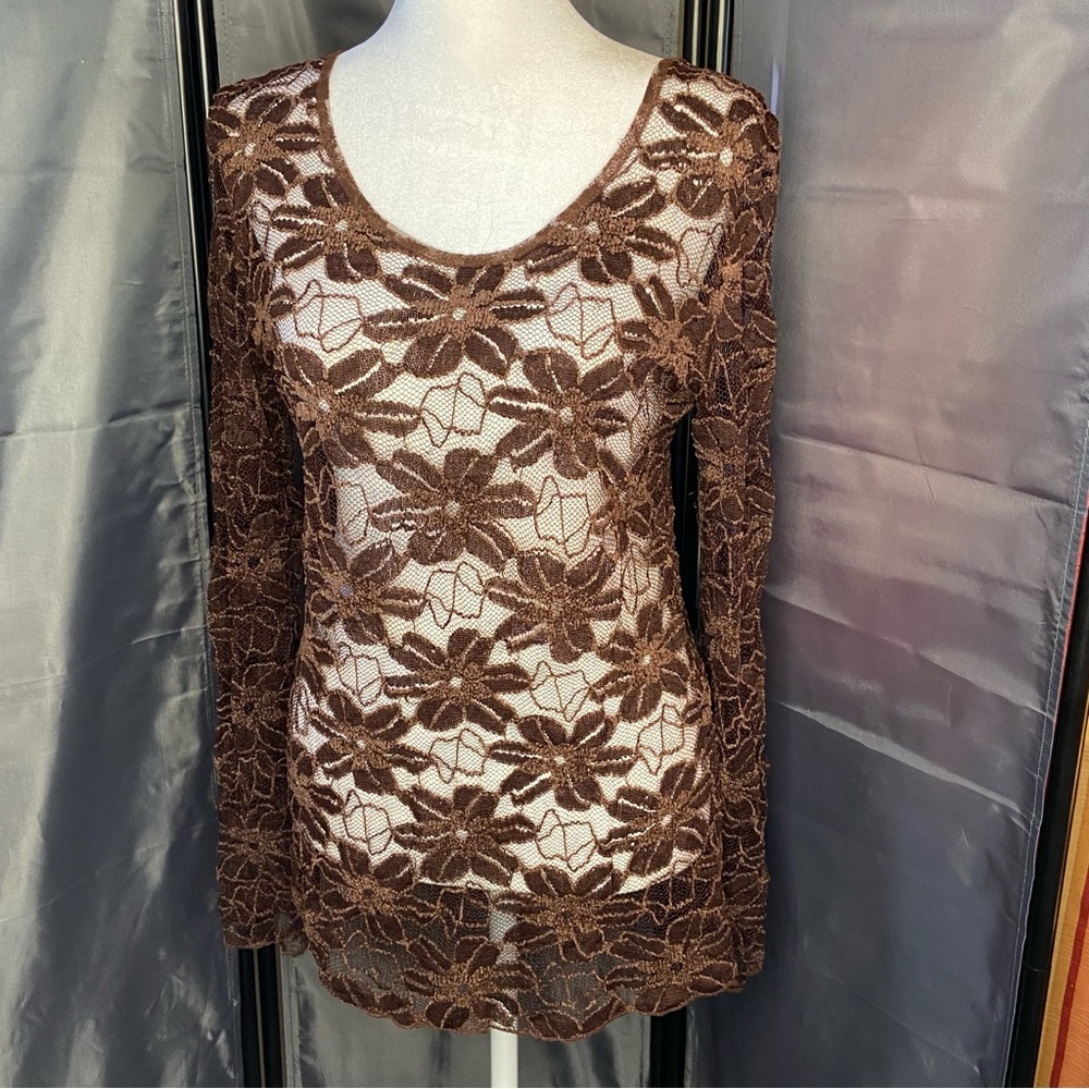 Y2K Sheer Lace Long Sleeve Pullover Brown Shirt Top young Essence L